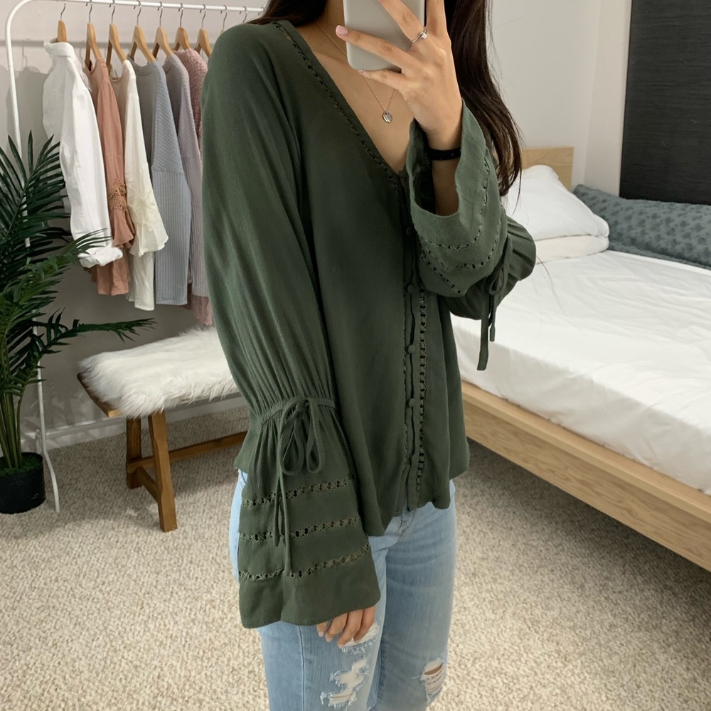 LAST Olive Green Peasant Blouse - Picture 2 of 4